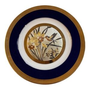 Vintage Art of Chokin Japan Plate 6.5" Hummingbird Daffodil Gold‎ Silver Gilding